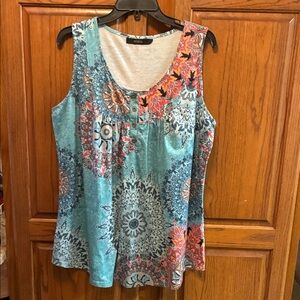 Vibrant Floral Tank Top - Teal and Coral size XL